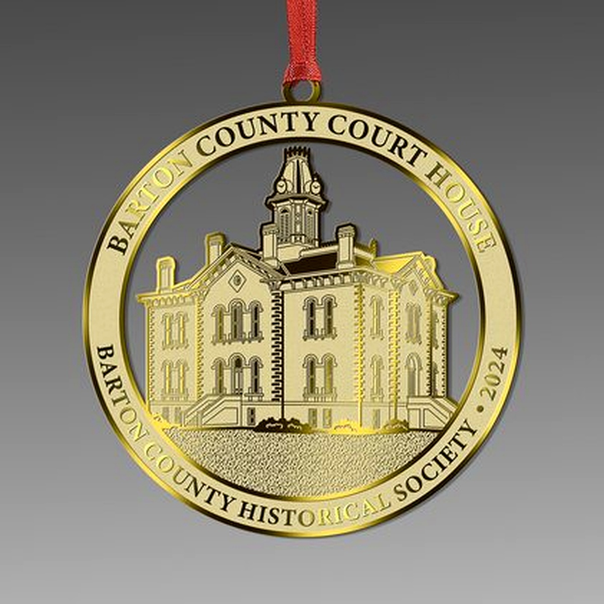 Flat brass custom ornament with laser-etched courthouse design