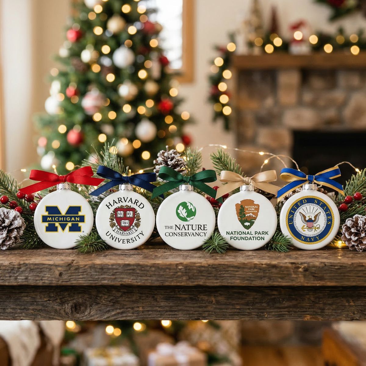 Custom ceramic ornaments with organization logos