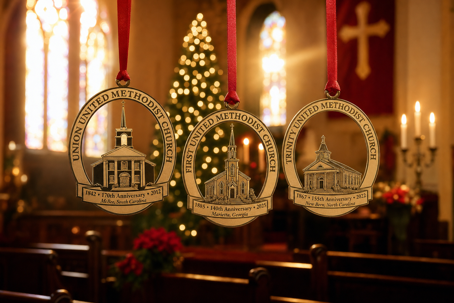 Three custom flat brass church ornaments hanging in a beautiful church sanctuary with Christmas tree, stained glass, and candles