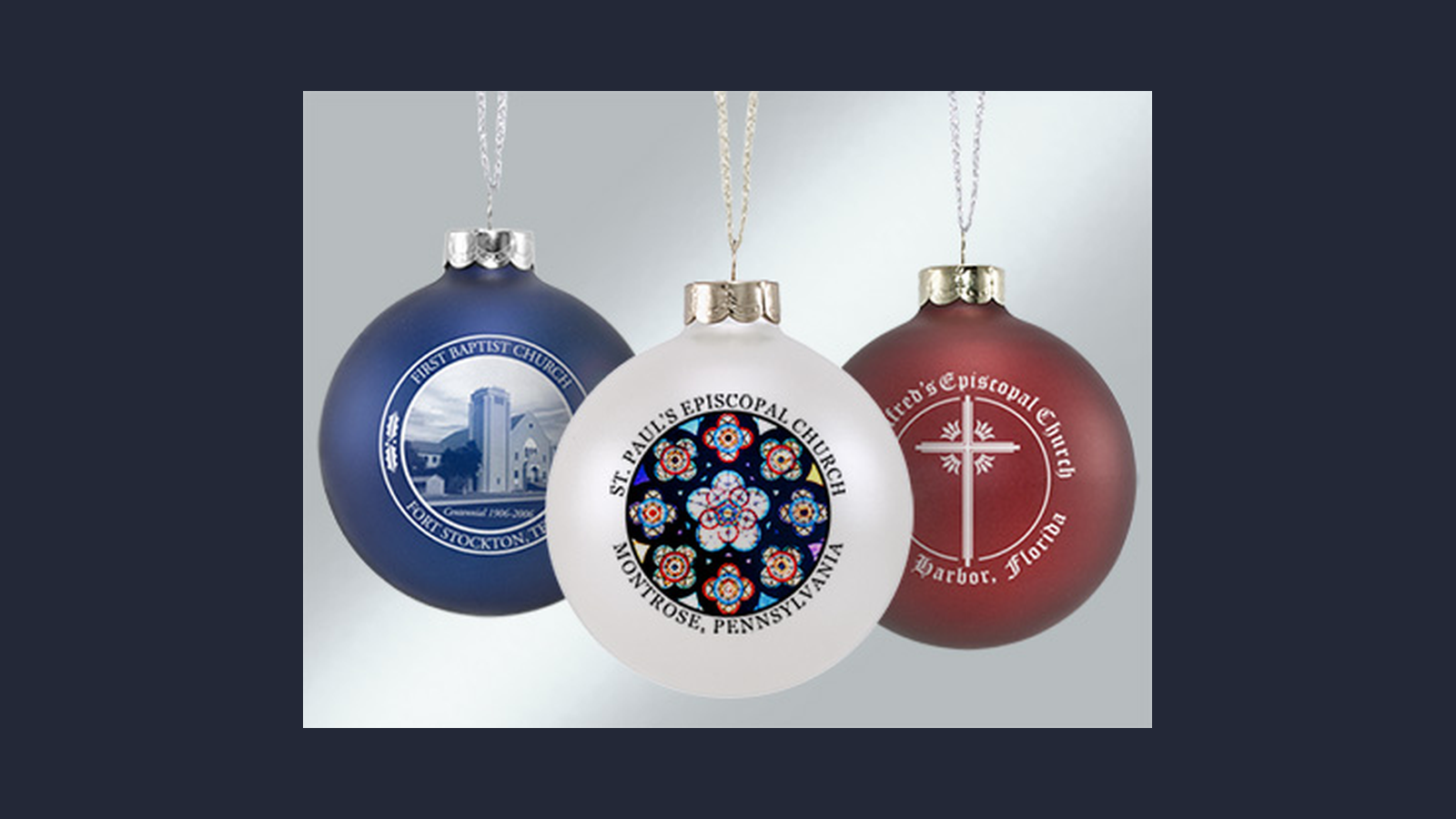 Custom church ornament featuring stained glass design