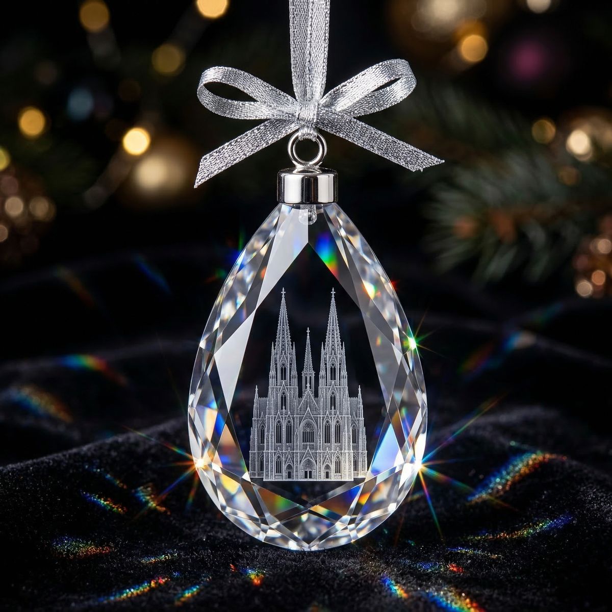 Crystal teardrop ornament with cathedral etching