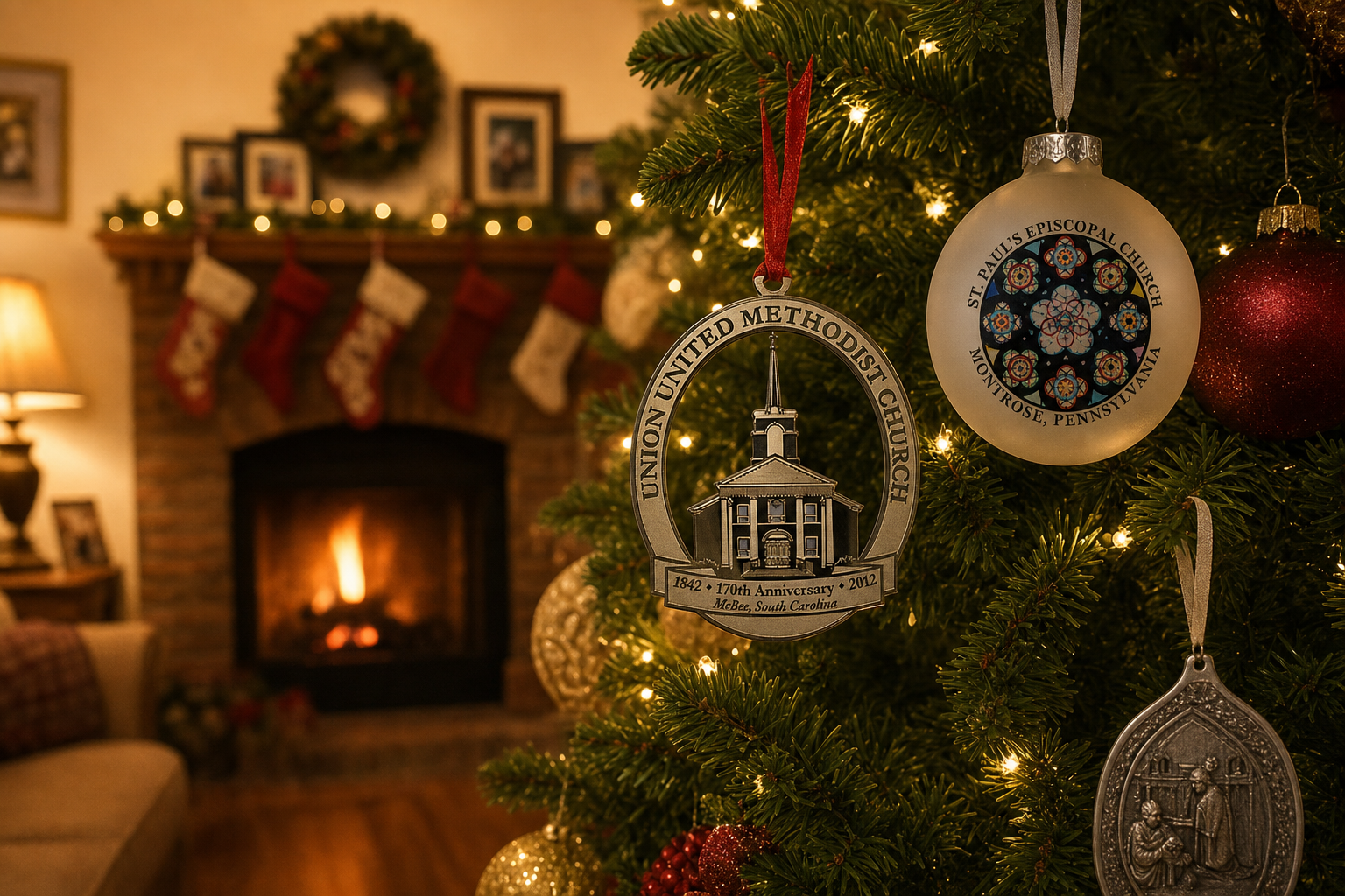 Custom brass, glass, and pewter Christmas ornaments displayed on a decorated home Christmas tree with fireplace and stockings in the background