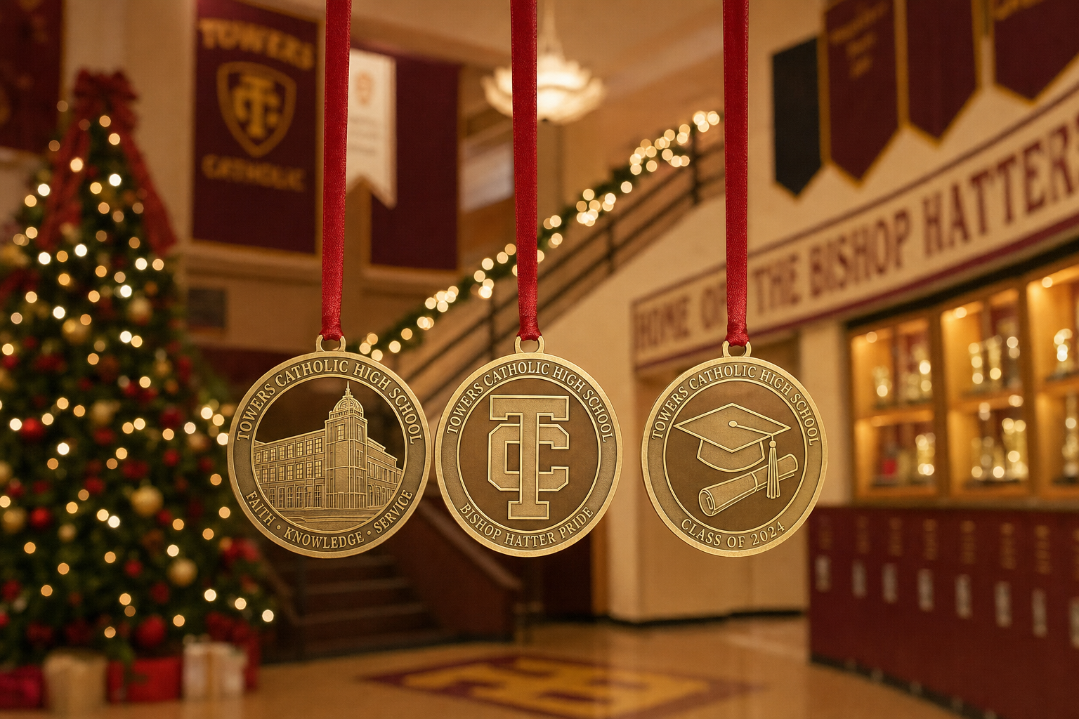 Three custom flat brass school ornaments hanging in a school lobby with Christmas tree, banners, and lockers
