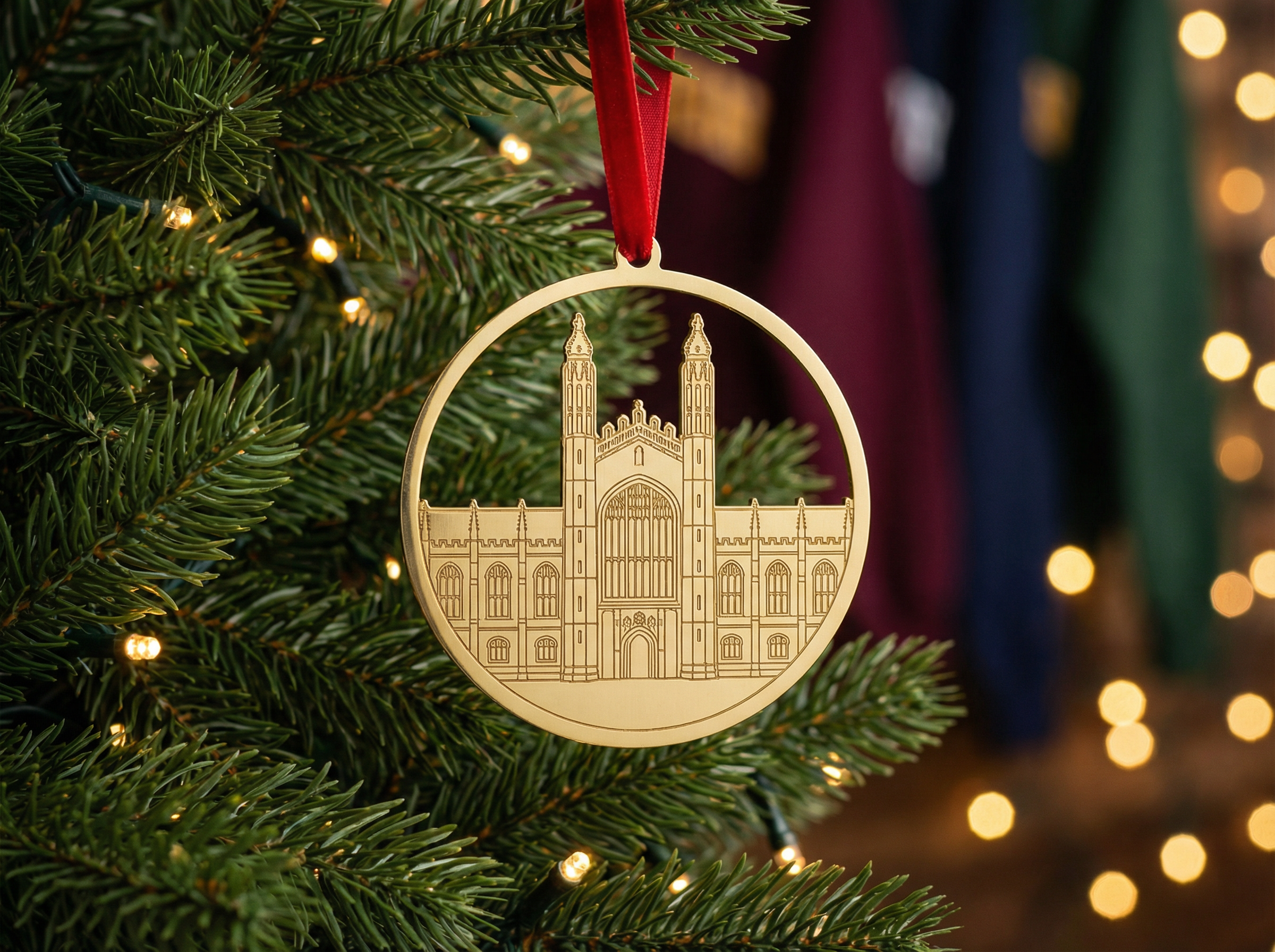 Custom school ornament featuring school building design