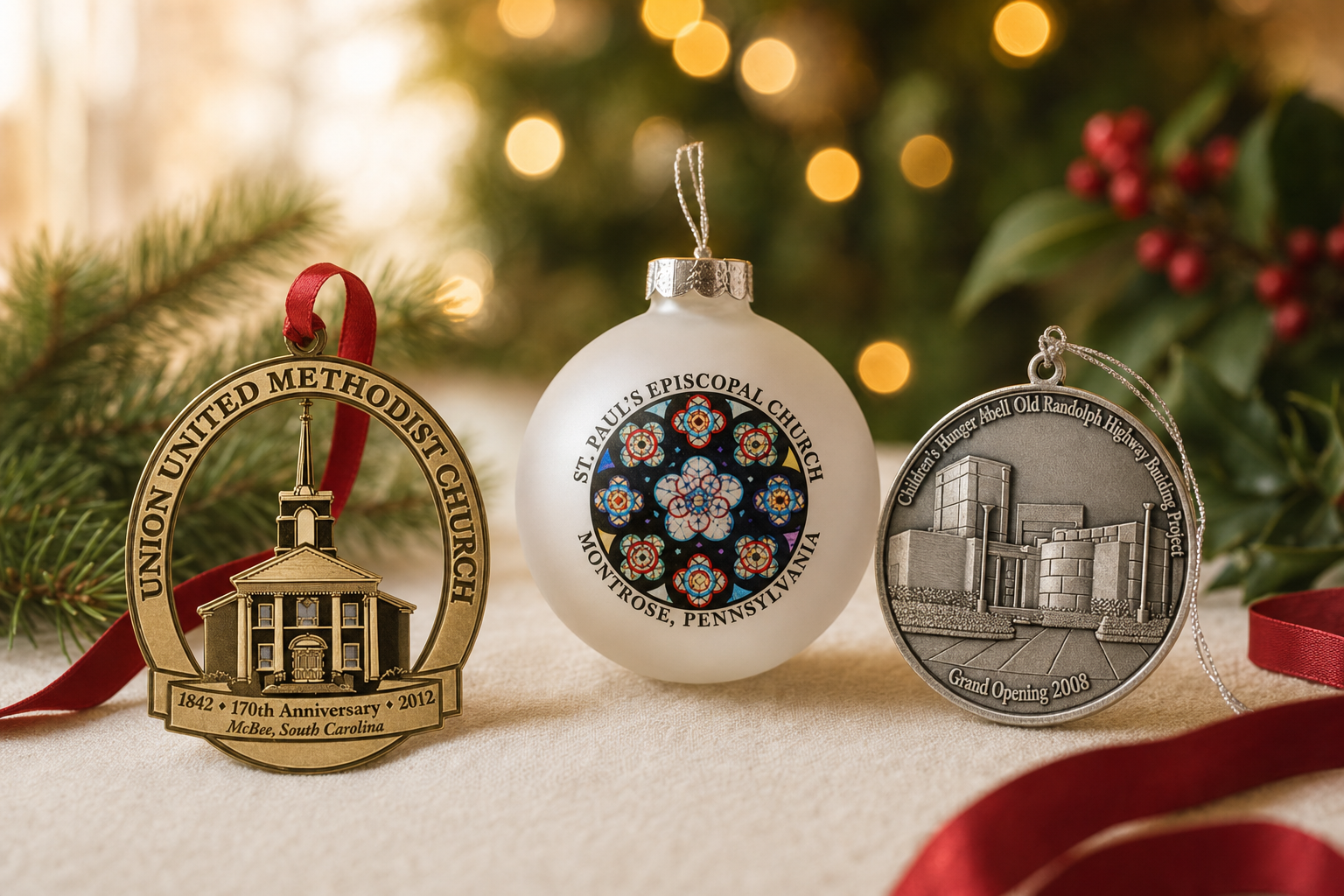 Editorial display of three custom ornament types: flat brass church medallion, frosted glass ball with front-face print, and antique pewter ornament