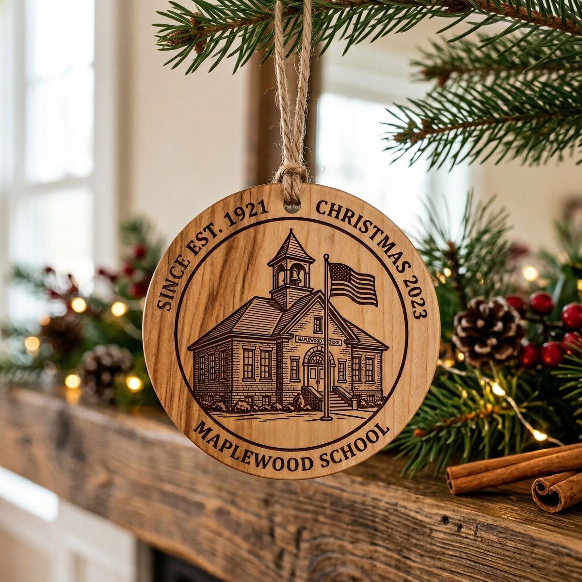 Laser-engraved custom wood ornament