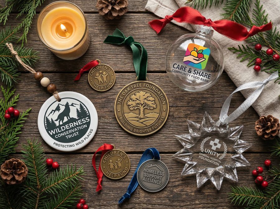 Collection of custom ornaments featuring various nonprofit logos