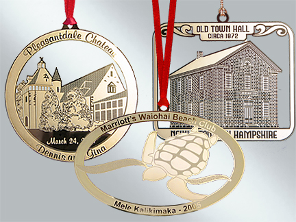Custom brass Christmas ornaments available in bulk from Howe House Limited Editions.